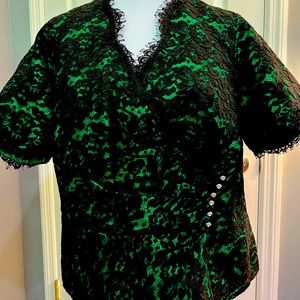 Oh, Ho, Ho!  Watters gorgeous emerald green 100 % silk top/ black lace overlay.